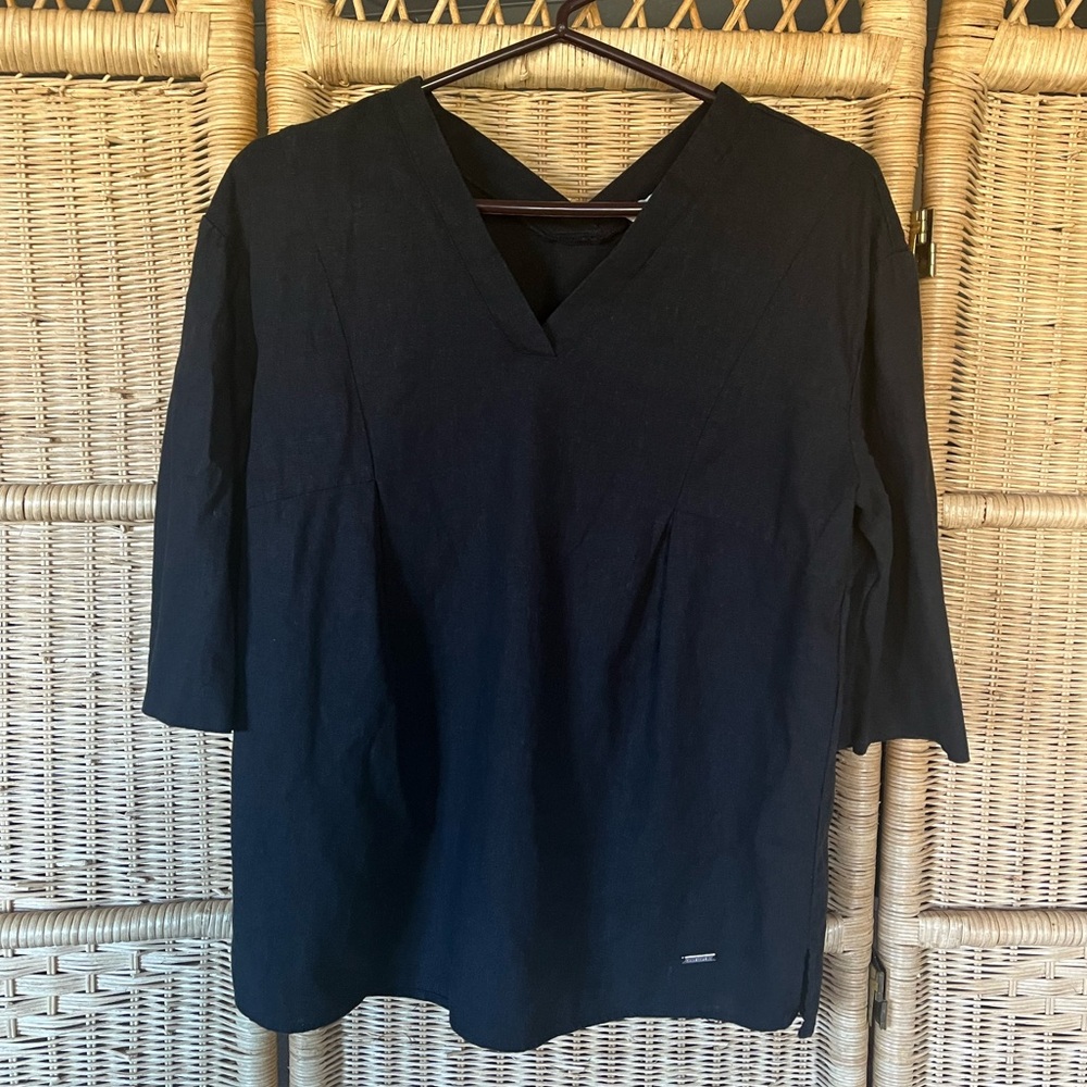 Anne Klein Linen Black V-Neck Pleated Relaxed Pullover Tunic